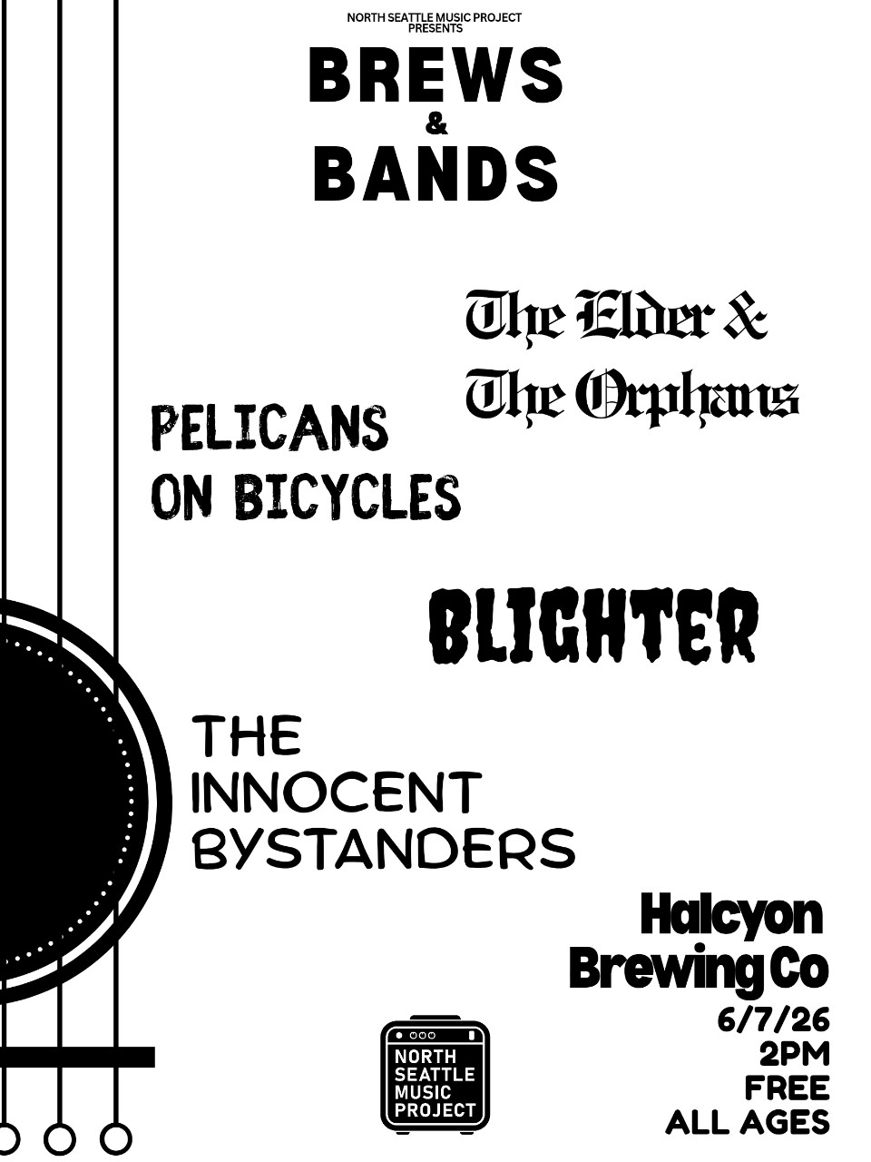 Brews & Bands flyer — Pelicans on Bicycles at Halcyon Brewing Co, June 7, 2026