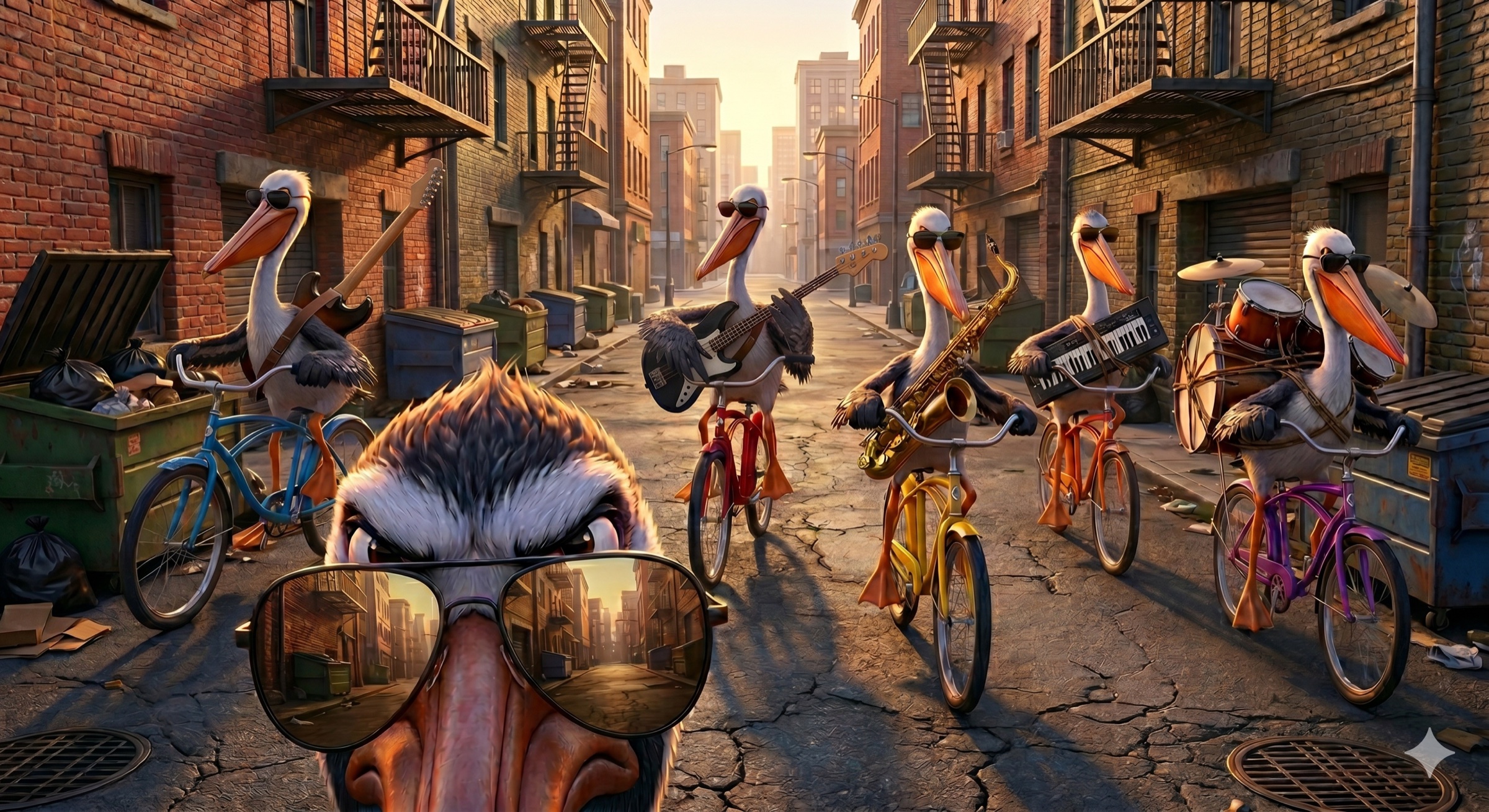 Pelicans riding bicycles down a city alley with musical instruments